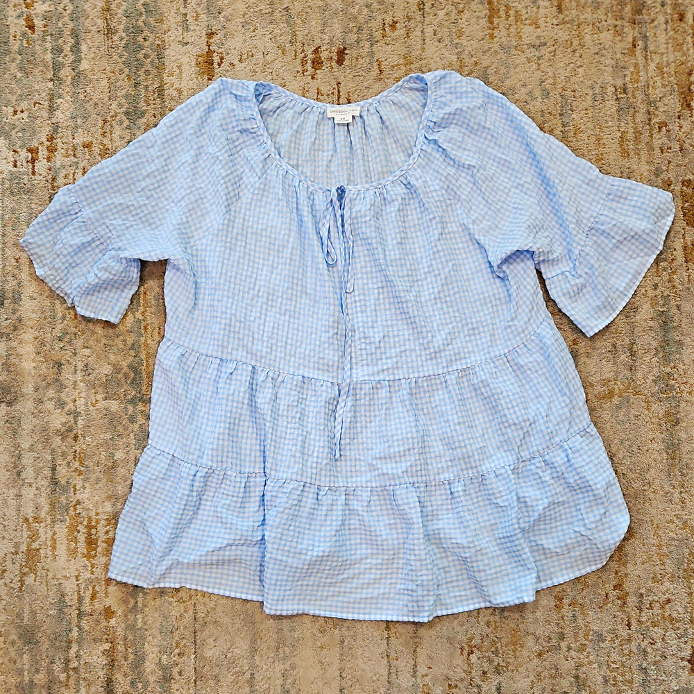 Chic Soul Women's 2X Blue/White Gingham Seersucker Tiered Babydoll Blouse